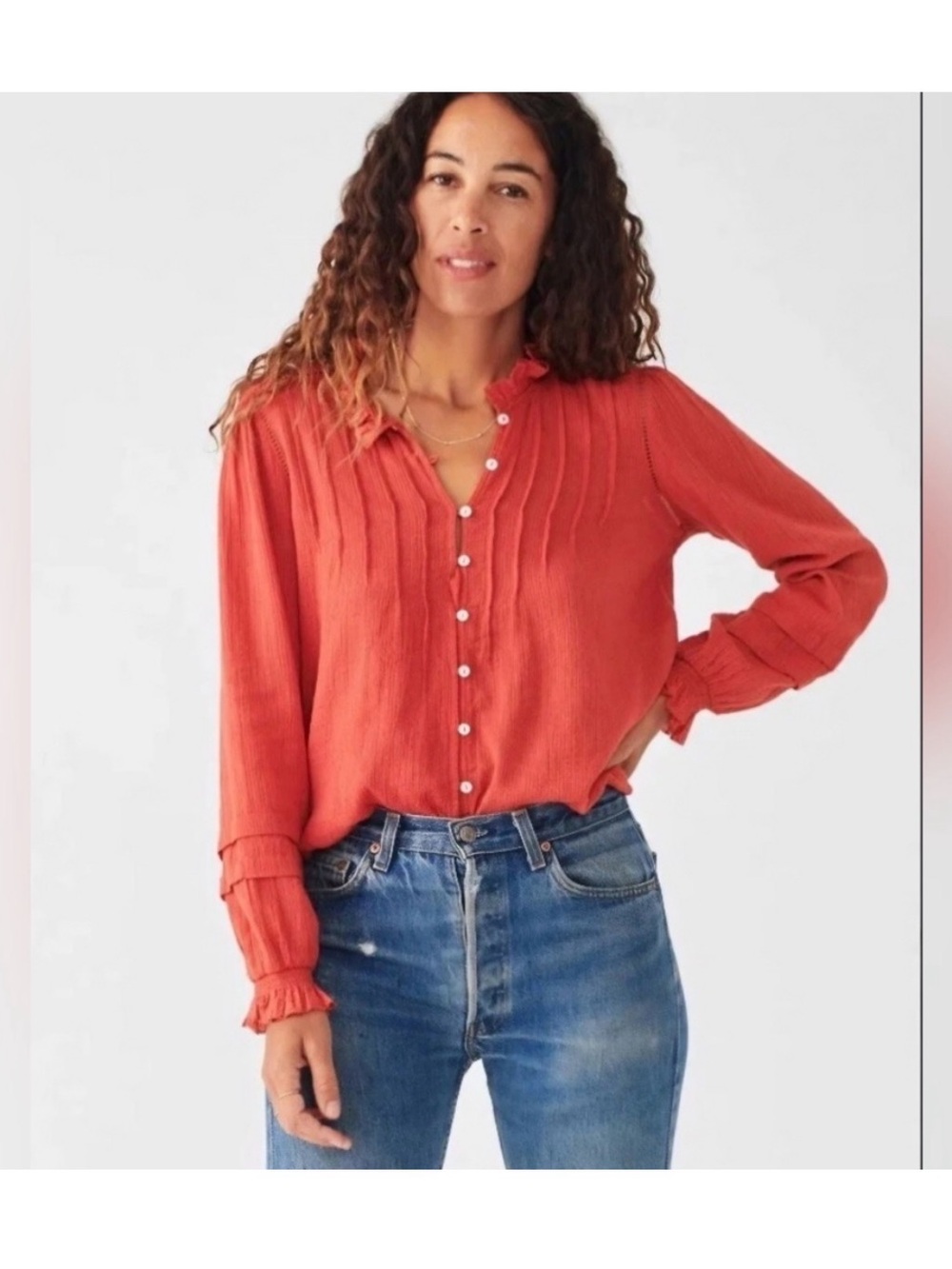 Faherty Willa Organic Cotton Rust Button-Front Pintuck Peasant Blouse Sz S